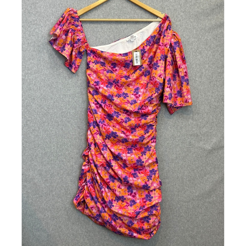 vestique Mariah Dress Pink Tropical Floral One Shoulder Ruched Fitted Size L NWT